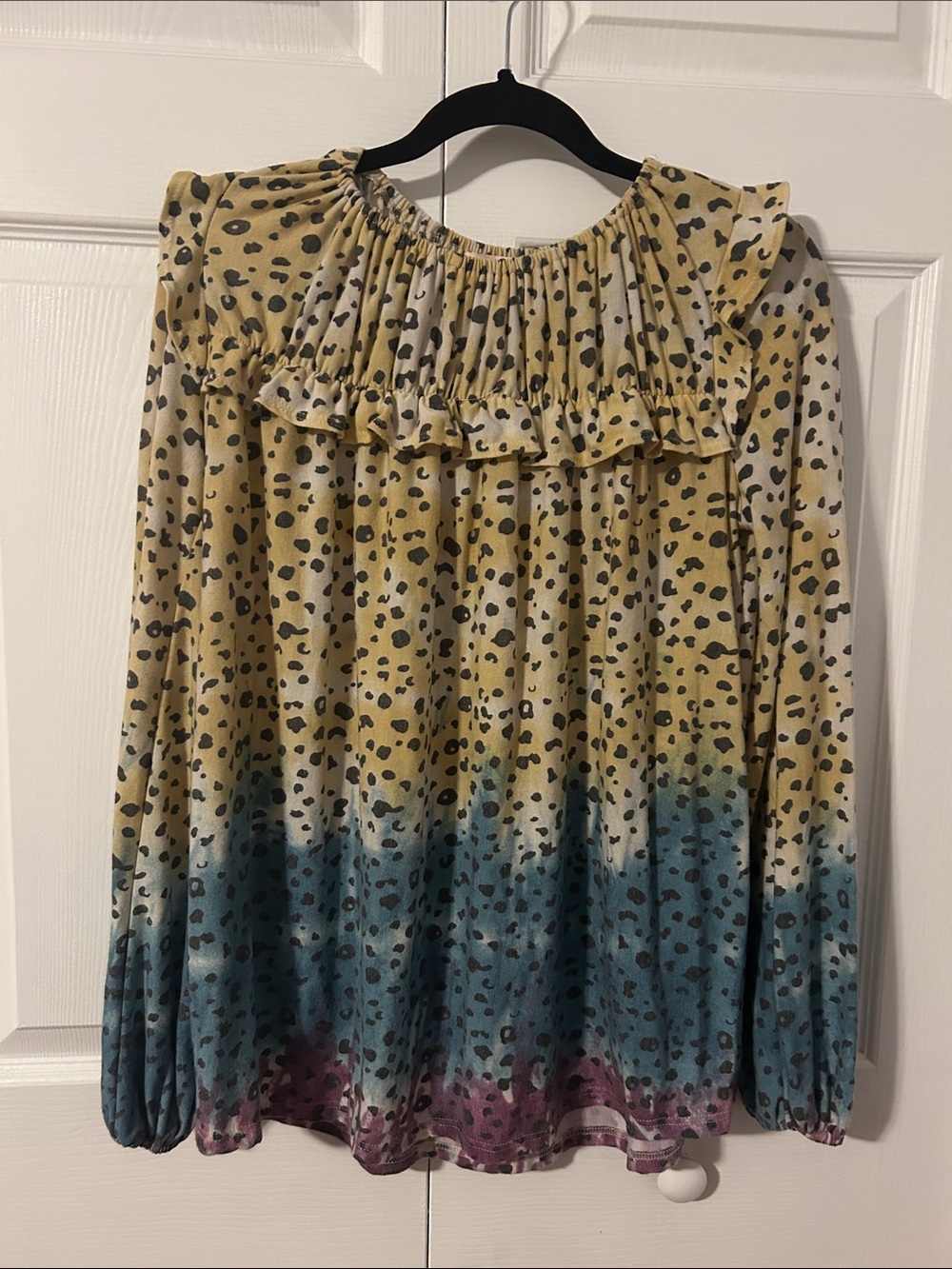 Womens Ruffled Ombre Leopard Print Top- Yellow Teal Purple